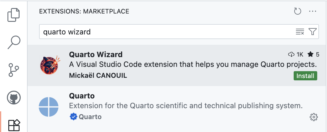 Extensions View: Marketplace Visual Studio Code Extensions Marketplace showing Quarto Wizard search
results with install button.