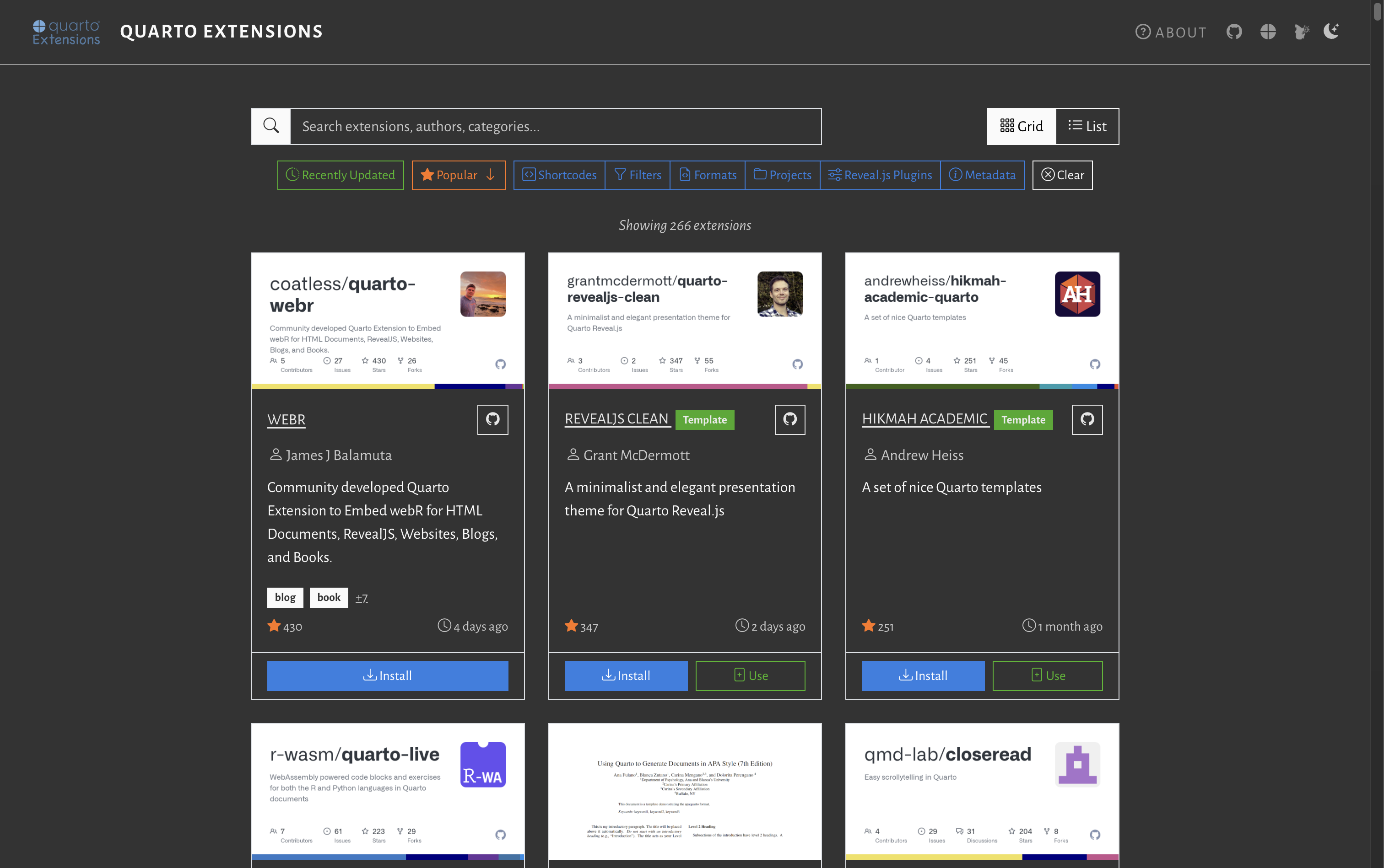 Mickaël CANOUIL's Quarto Extensions directory Quarto Extensions website displaying grid of extension cards including
webr, Reveal.js Clean theme, and Hikmah Academic templates.