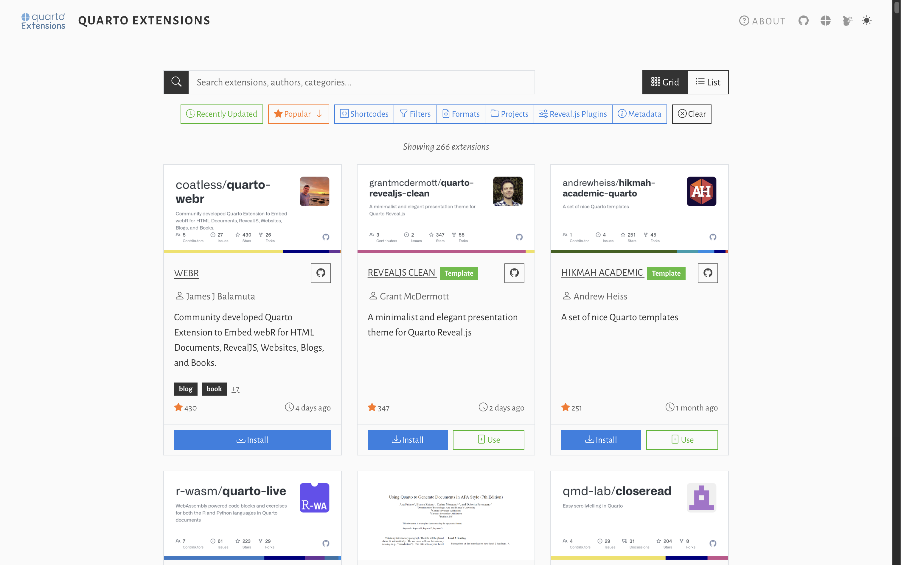 Mickaël CANOUIL's Quarto Extensions directory Quarto Extensions website displaying grid of extension cards including
webr, Reveal.js Clean theme, and Hikmah Academic templates.