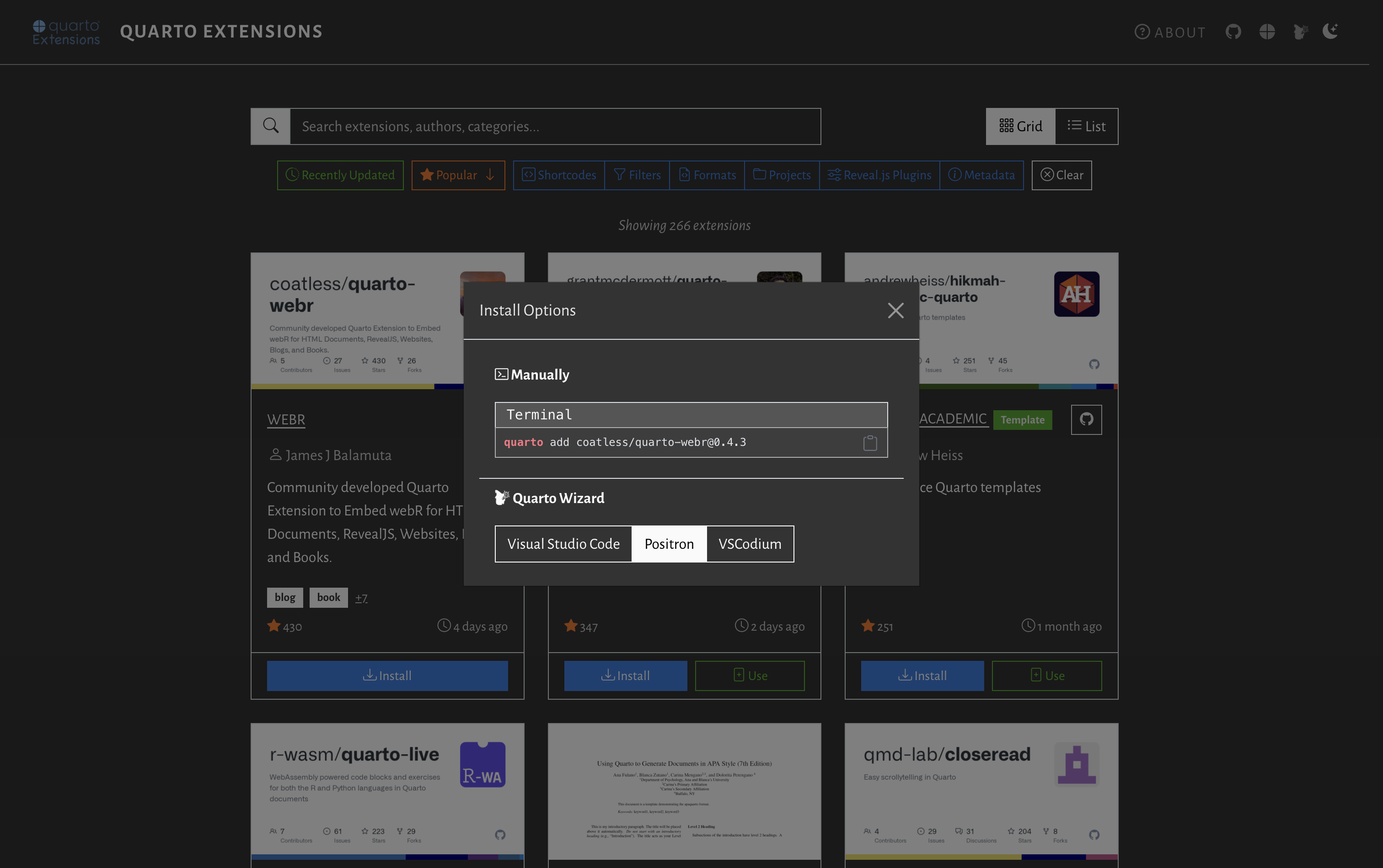 Mickaël CANOUIL's Quarto Extensions install modal Quarto Extensions website with Install Options popup showing manual
terminal command and Quarto Wizard installation options for Visual
Studio Code, Positron, and VSCodium.