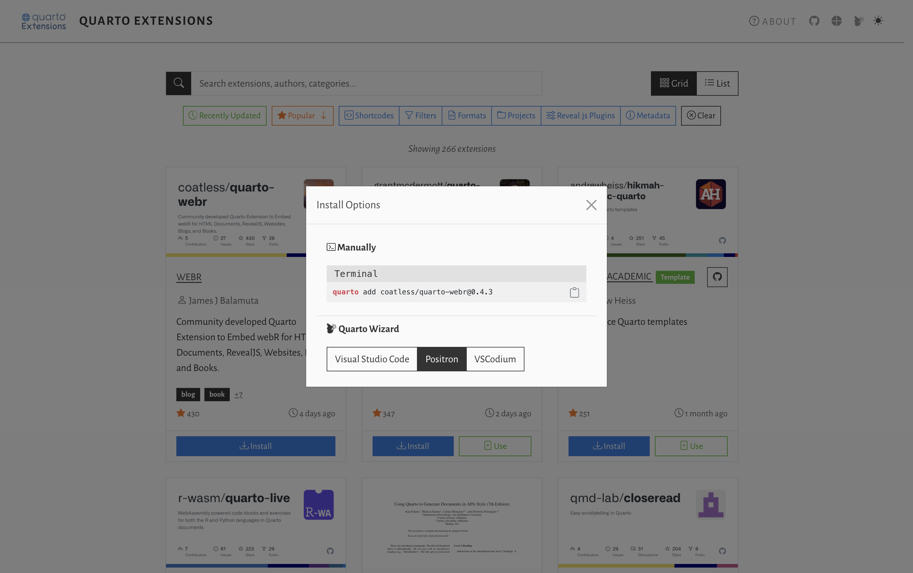 Mickaël CANOUIL's Quarto Extensions install modal Quarto Extensions website with Install Options popup showing manual
terminal command and Quarto Wizard installation options for Visual
Studio Code, Positron, and VSCodium.