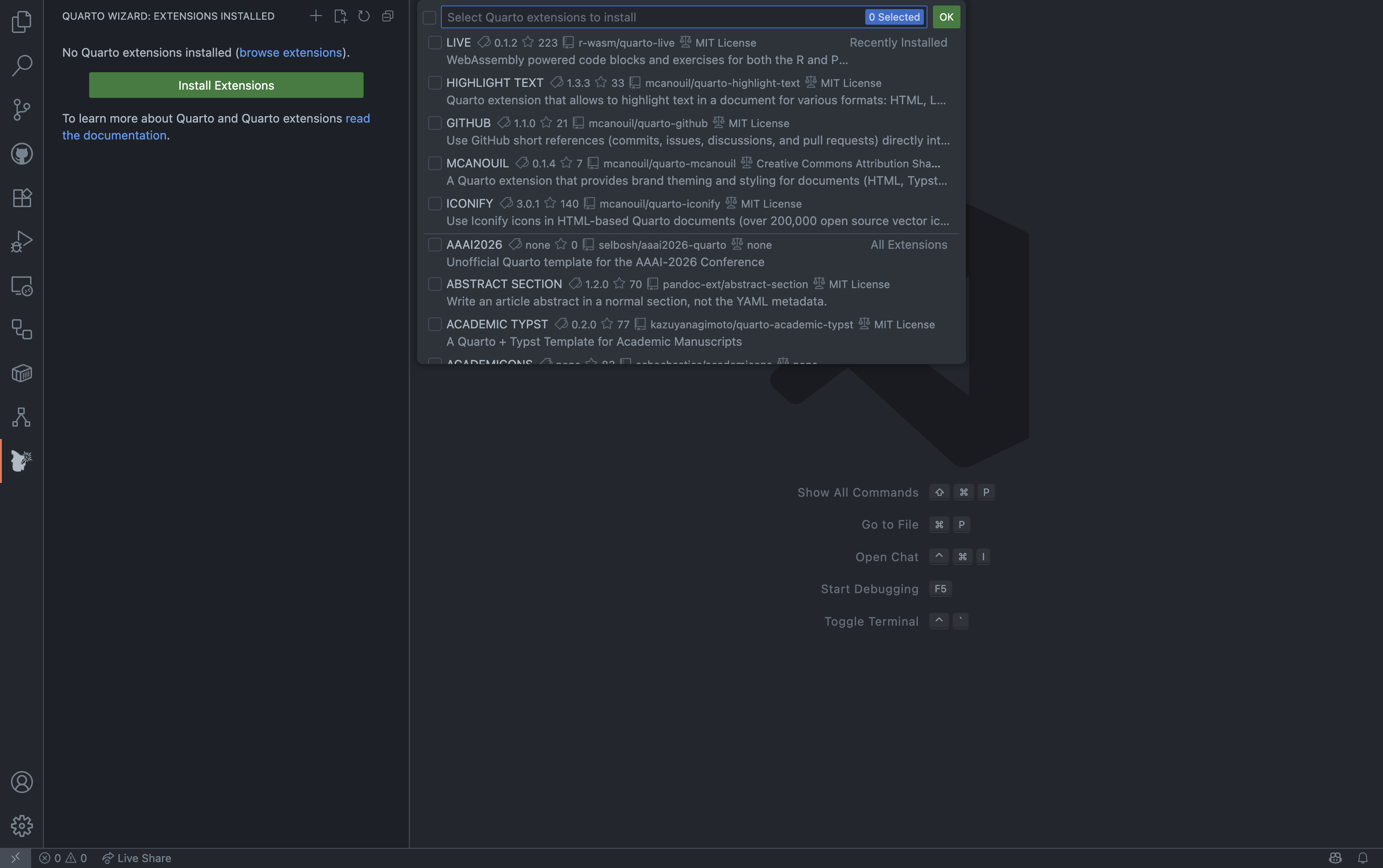 Quarto Wizard: Install Extensions (Dark) Quarto Wizard extension selection dialog showing list of available
extensions with checkboxes including LIVE, HIGHLIGHT TEXT, GITHUB, and
other Quarto extensions.