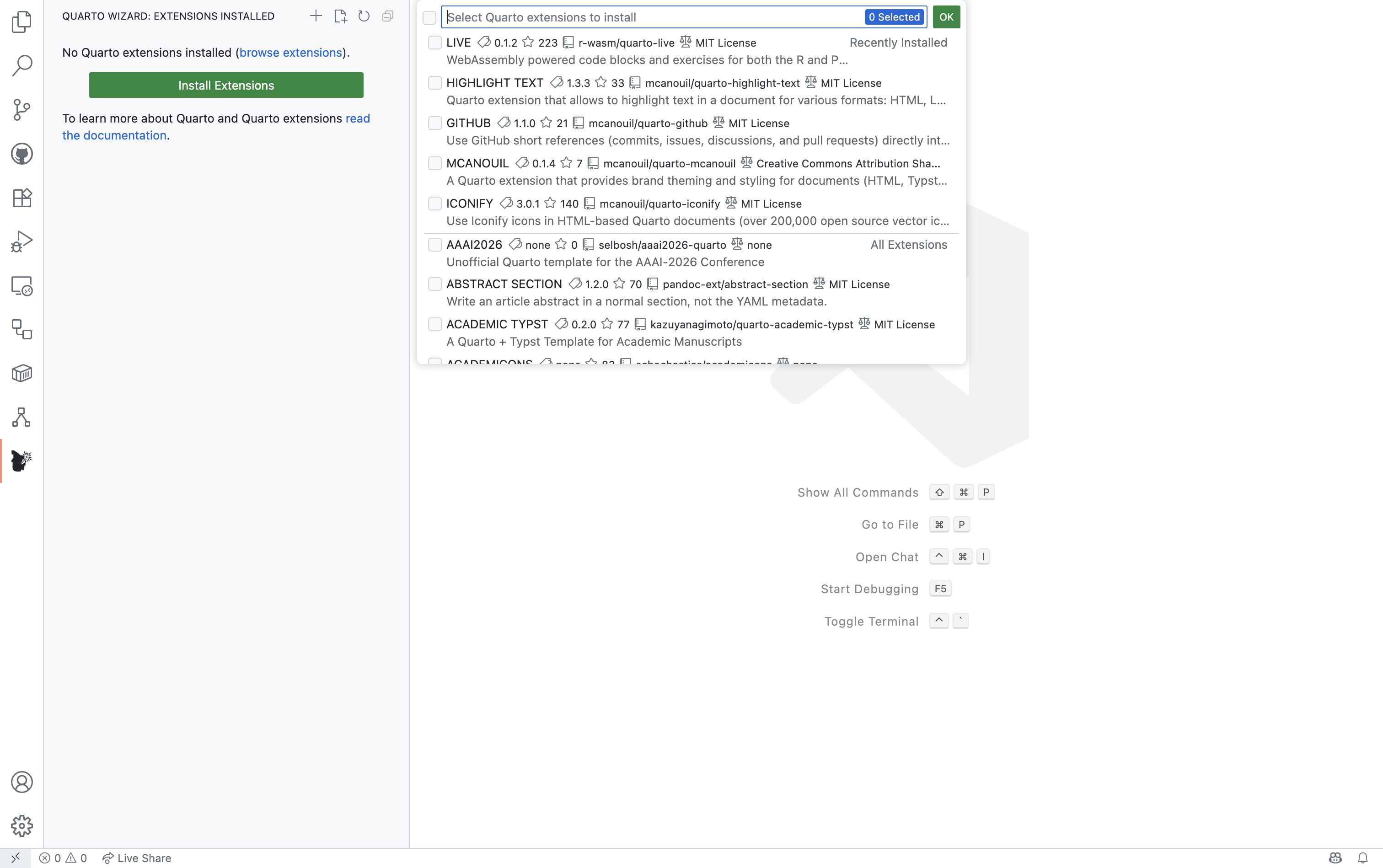 Quarto Wizard: Install Extensions (Light) Quarto Wizard extension selection dialog showing list of available
extensions with checkboxes including LIVE, HIGHLIGHT TEXT, GITHUB, and
other Quarto extensions.