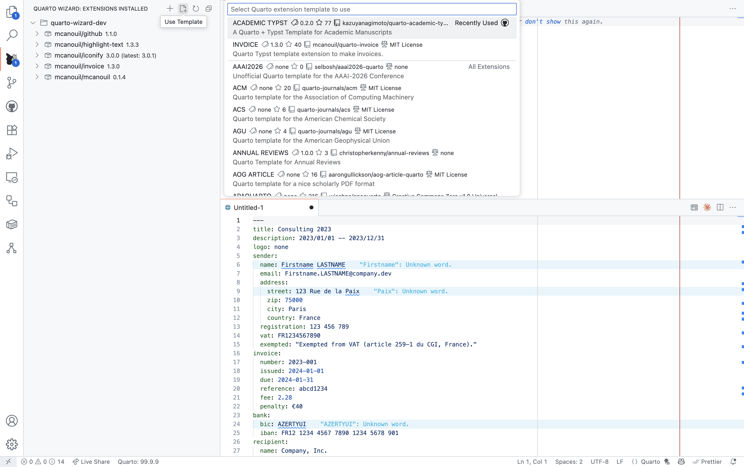 Quarto Wizard: Use Template (Light) Visual Studio Code showing Quarto Wizard with installed extensions list
and document editor displaying invoice template with YAML frontmatter.