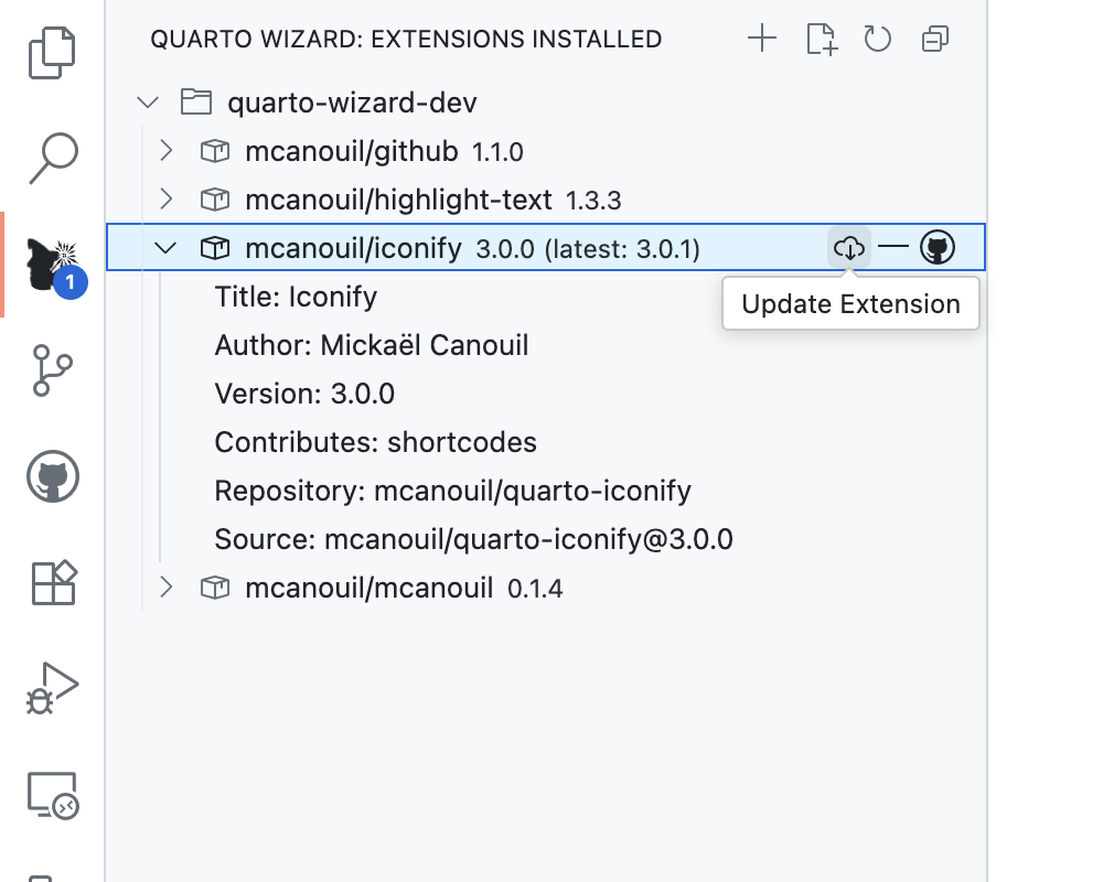 Quarto Wizard: Explorer View Update (Light) Quarto Wizard Extensions Installed panel showing expanded iconify
extension details with update button and version information.