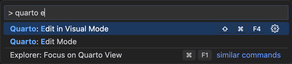 The command palette with the Edit in Visual Mode command highlighted.