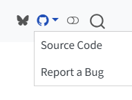 The right section of a Quarto navbar containing a Bluesky and Github logo. The Github logo is selected and a menu is underneath it with two items: 'Source Code' and 'Report a Bug'